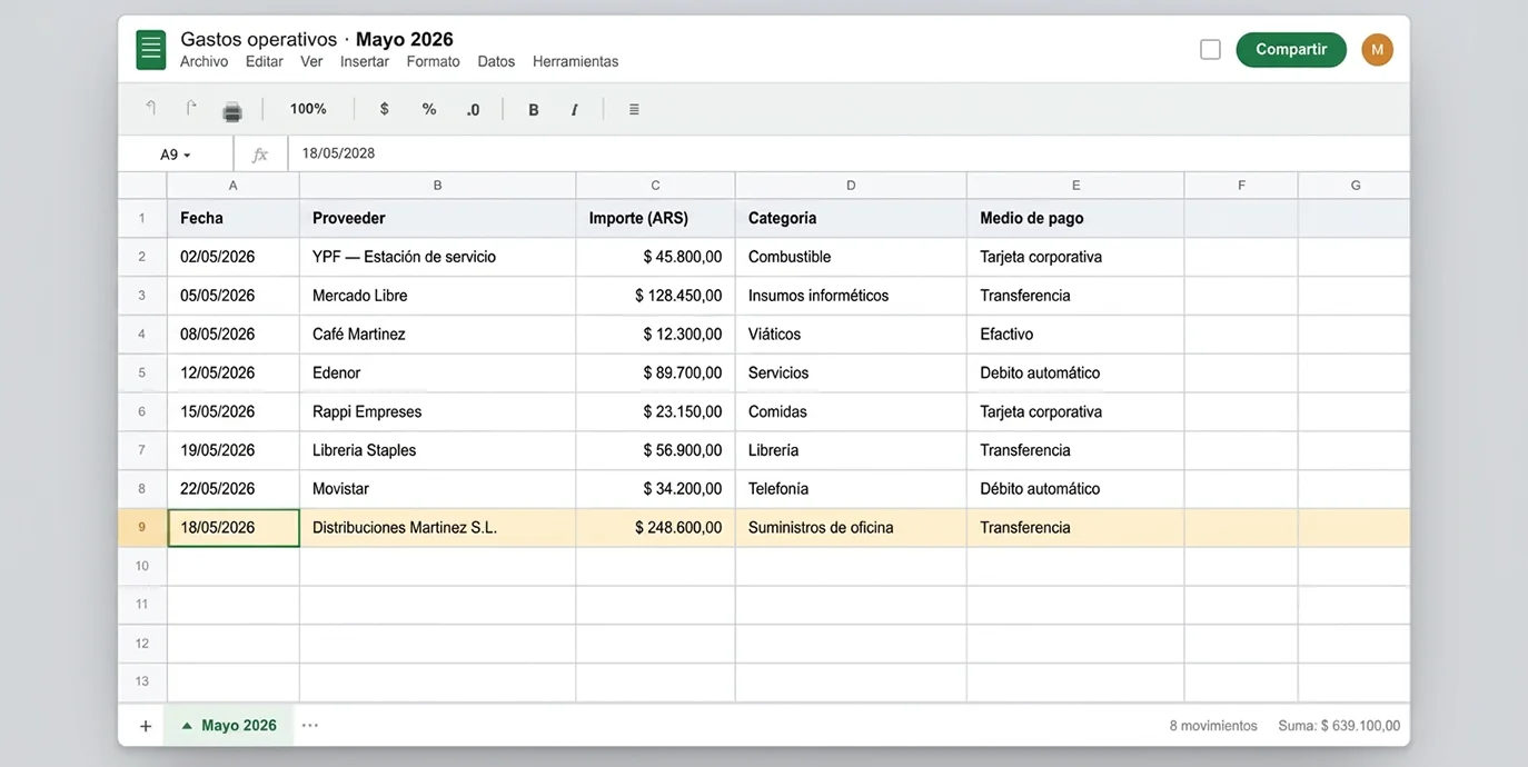Se carga solo en el Excel